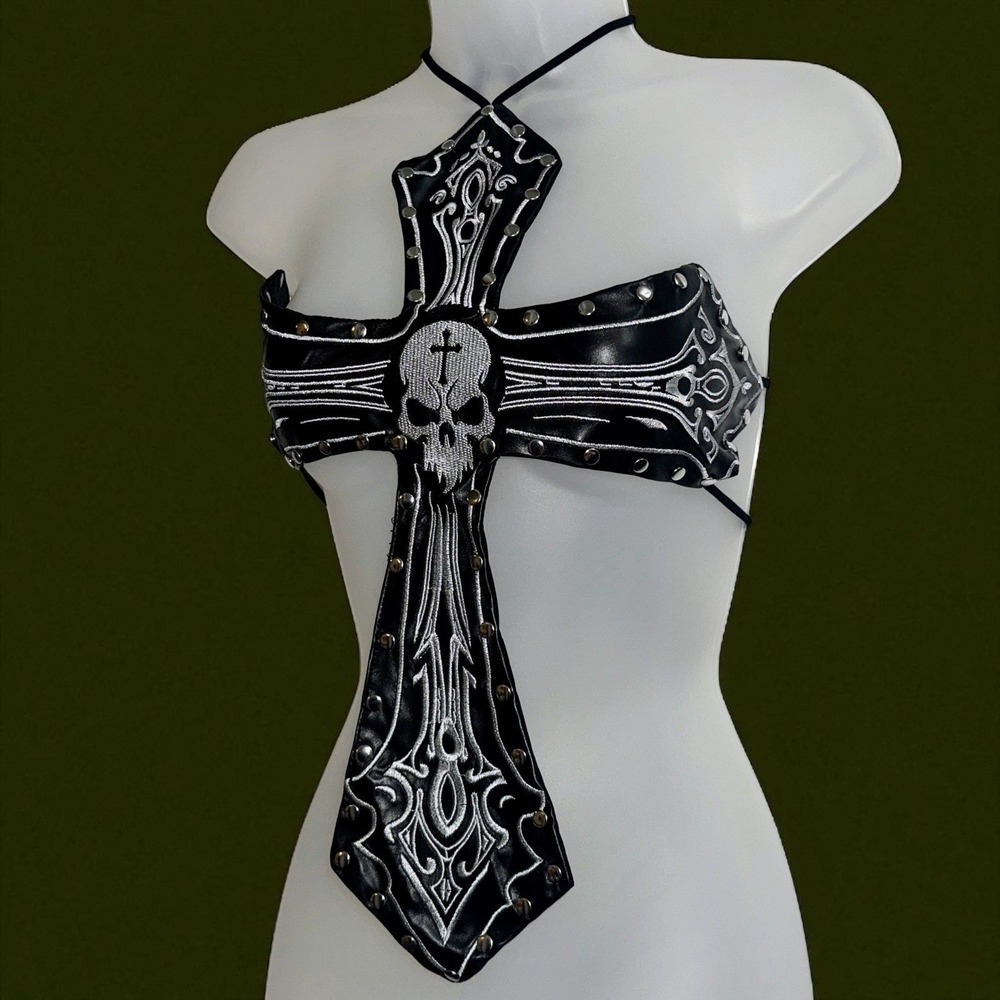 Large Black Cross Skull Backless Halter Top Studded Leather Rave EDM‎ Vegan